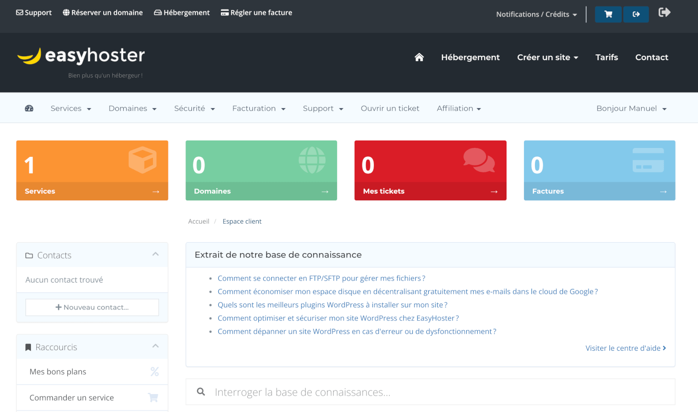 Espace client d'un bon hébergeur WordPress