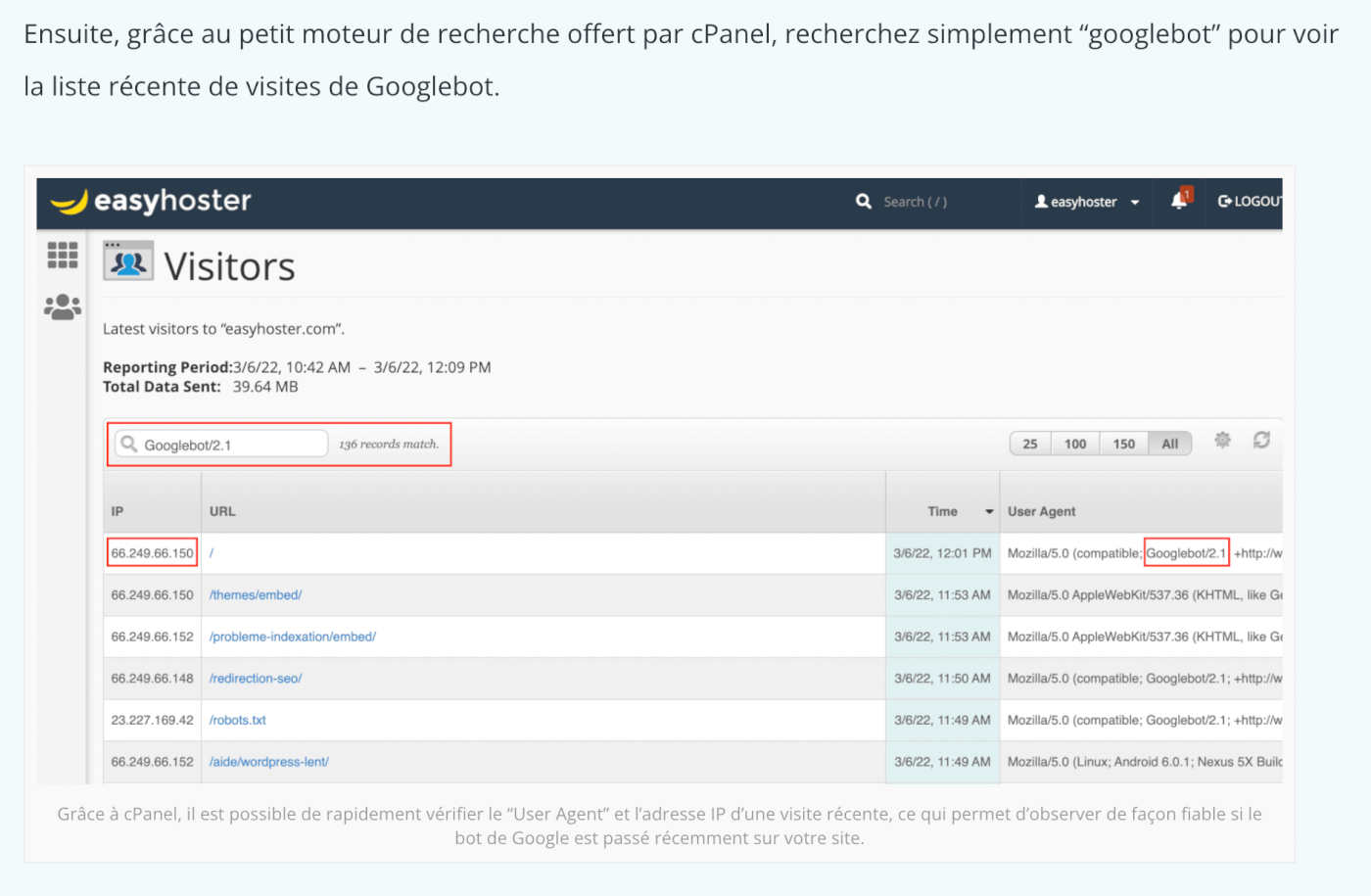 Tracking de Googlebot via cPanel sur Hébergement cPanel EasyHoster