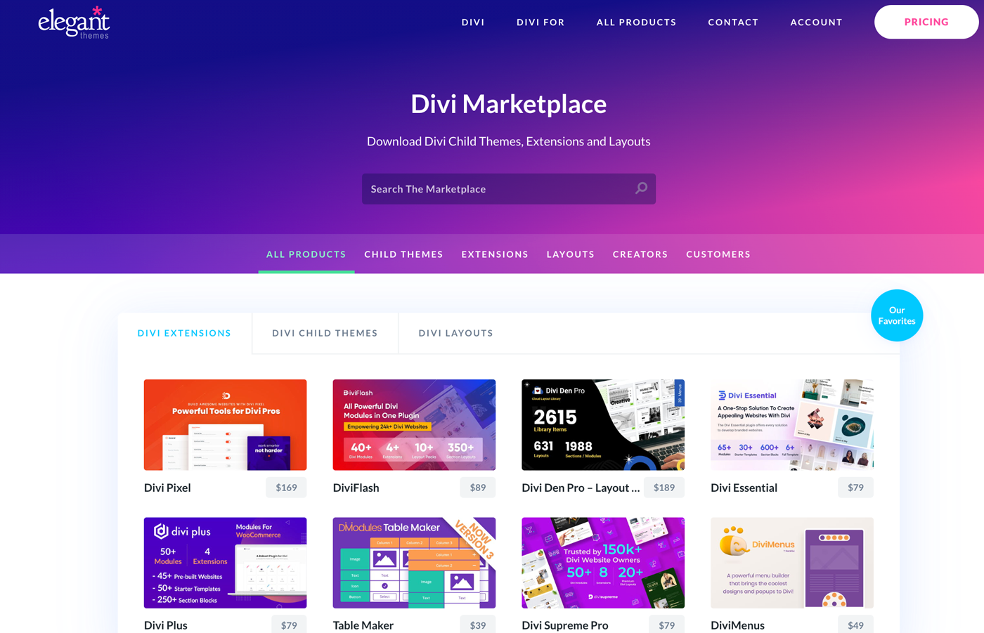 Visiter la MarketPlace de Divi permet de trouver d'autres thèmes enfants, layouts ou extensions premium créés sur base de Divi par d'autres professionnels experts
