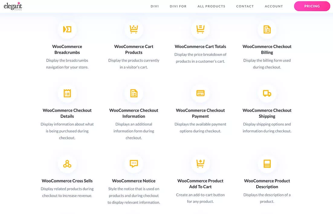 Divi inclut de nombreux type de blocs de contenus compatibles avec WooCommerce.