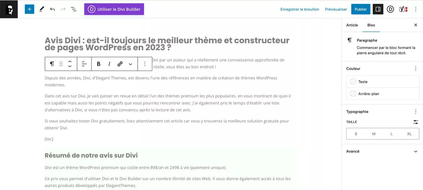 Voici à quoi ressemble Gutenberg, l'éditeur de bloc officiel de WordPress. Notre avis Divi versus Gutenberg