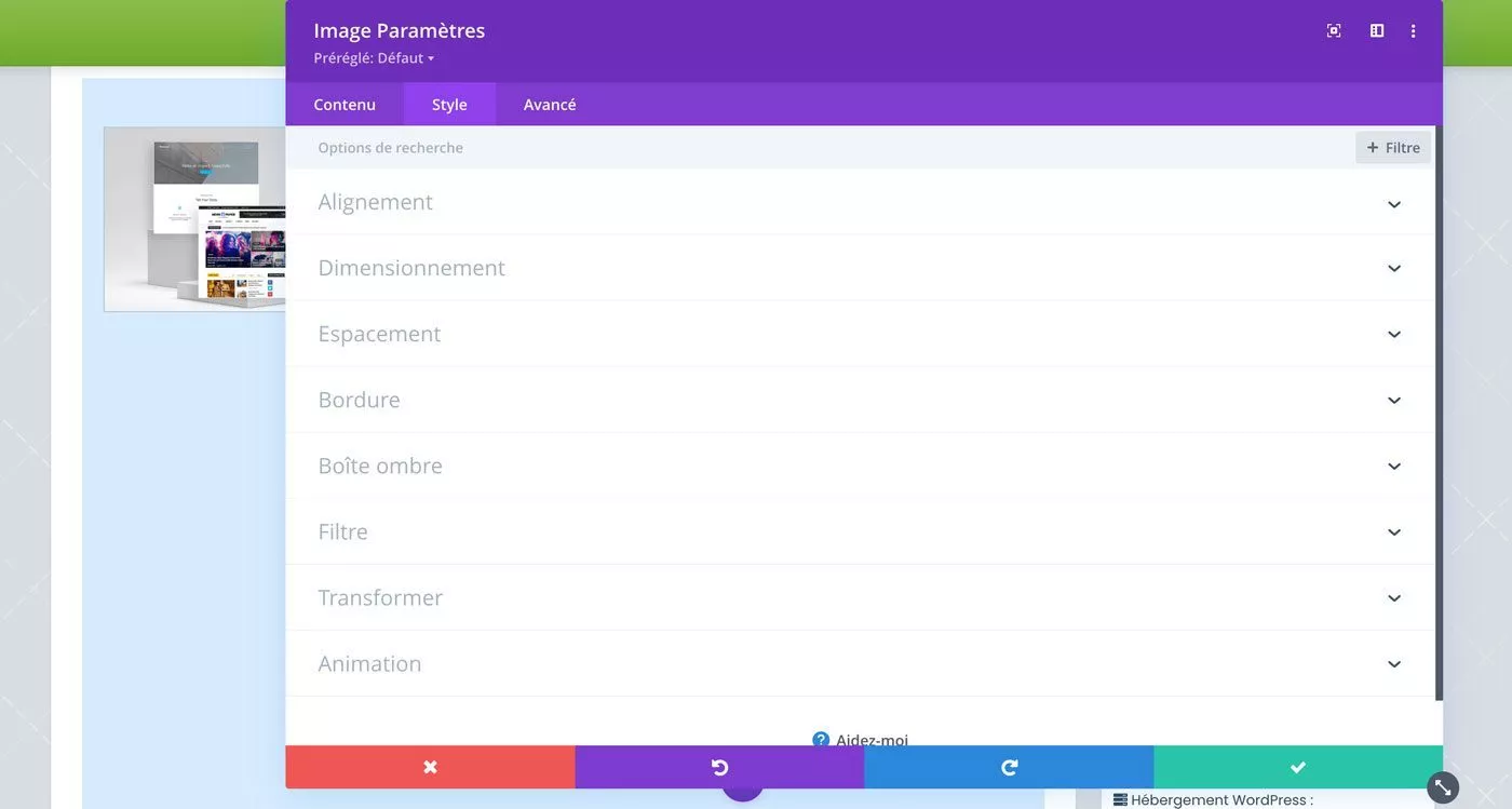 Notre avis sur l'interface de personnalisation du Divi Builder. Exemple avec un bloc image.