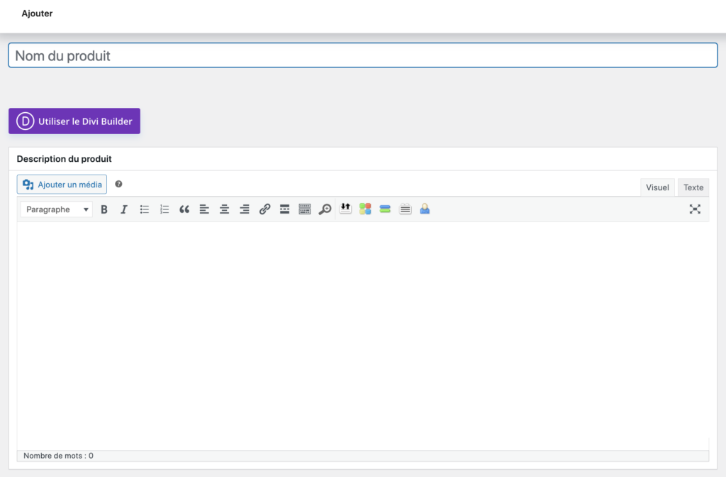 Interface de création d'un produit WooCommerce